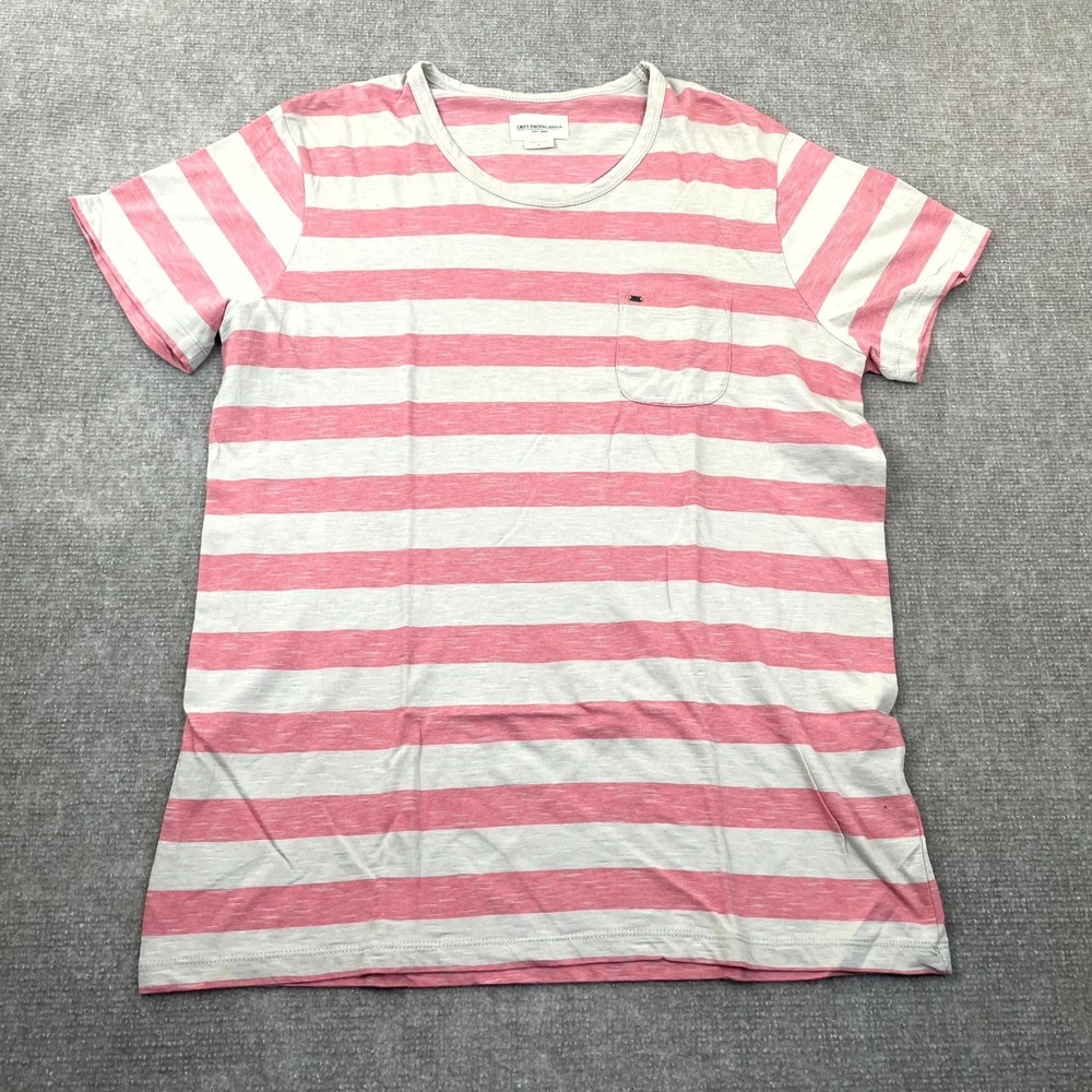 OBEY Propaganda T Shirt Mens Large Pink Gray Striped Single Pocket Regular Fit